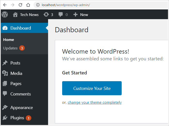 install WordPress locally dashboard