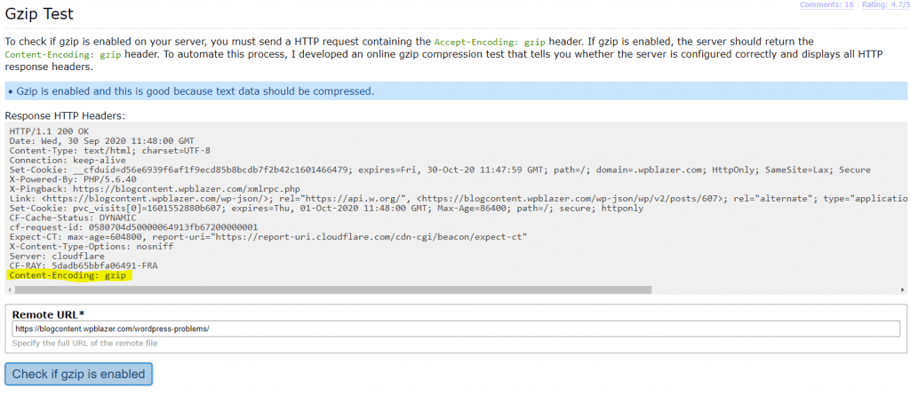 Image showing if Gzip WordPress is working on your server - Part 2