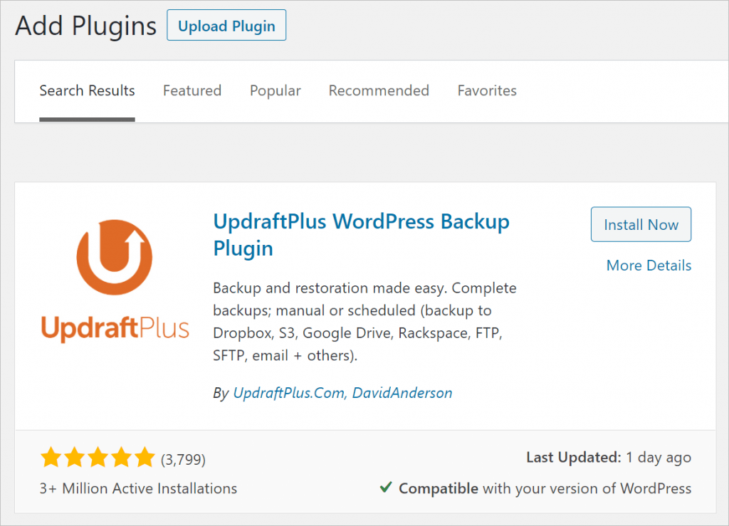 WordPress backup plugin Updraft