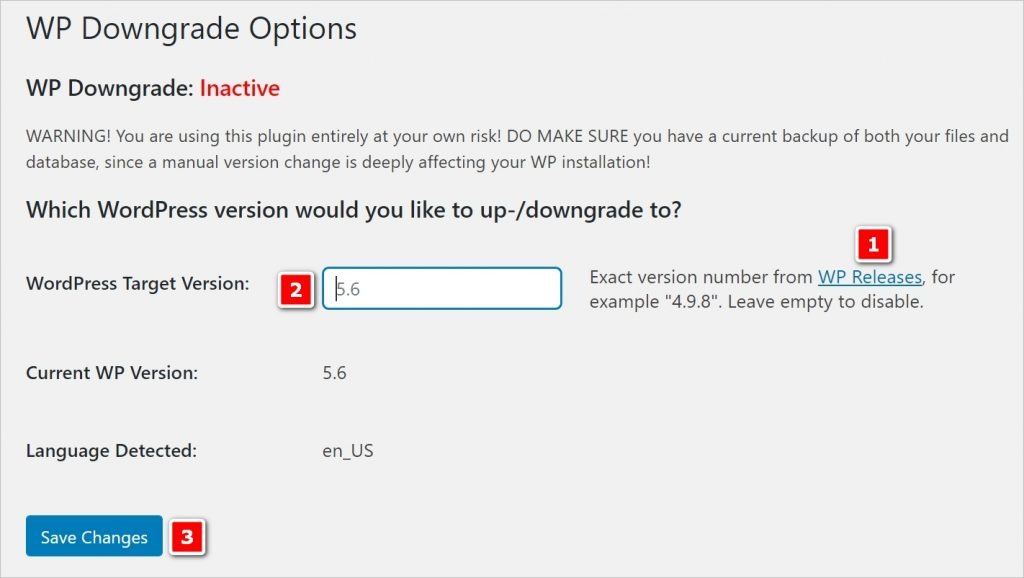 WordPress version downgrade options