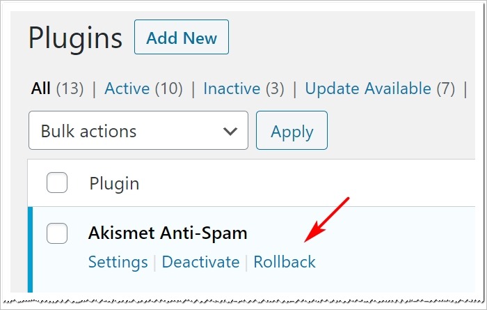 rollback WordPress plugin
