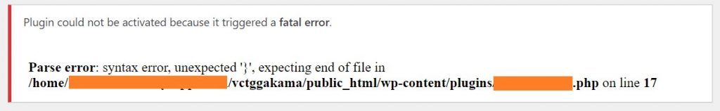 Plugin Activation Syntax Error