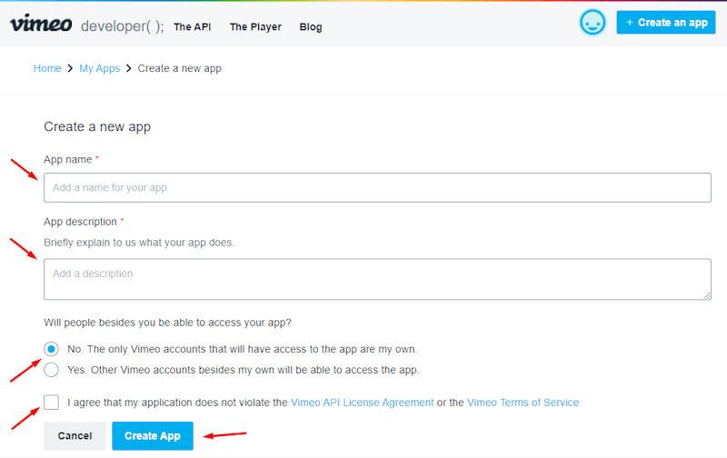Create Vimeo App
