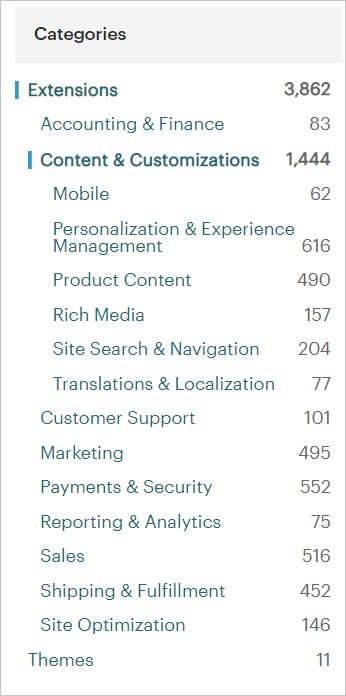 A screenshot of all Magento extensions categories.