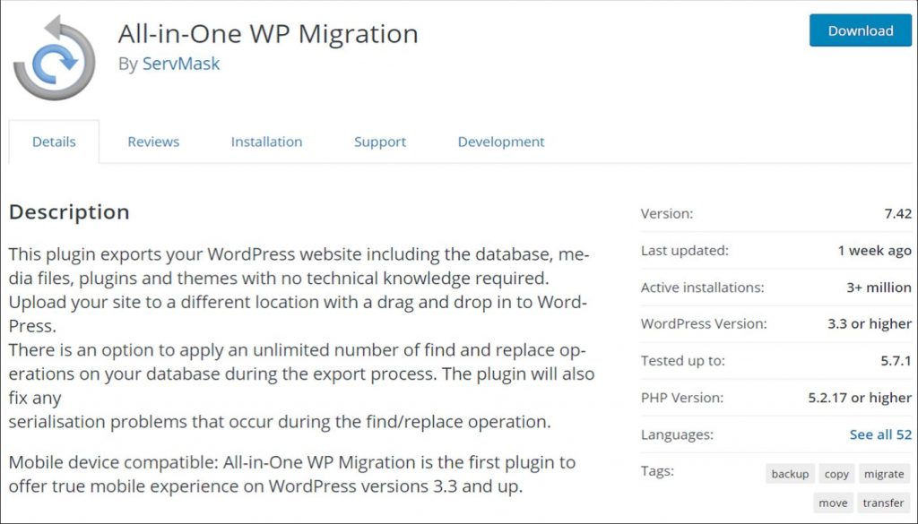 All-in-One WP Migration plugin in WordPress repository