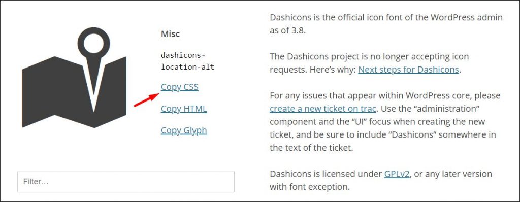 CSS code for a selected Dashicon WordPress icon