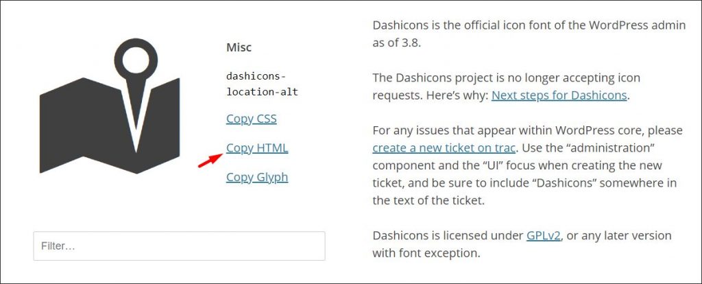 A screenshot of where to find HTML code for a selected Dashicon WordPress icon