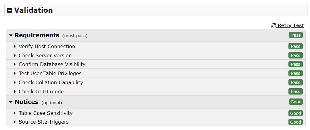 WP clone database validation results