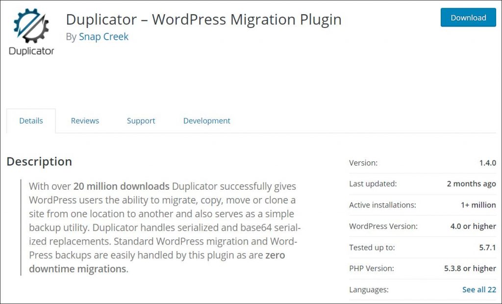 Duplicator plugin in WordPress repository