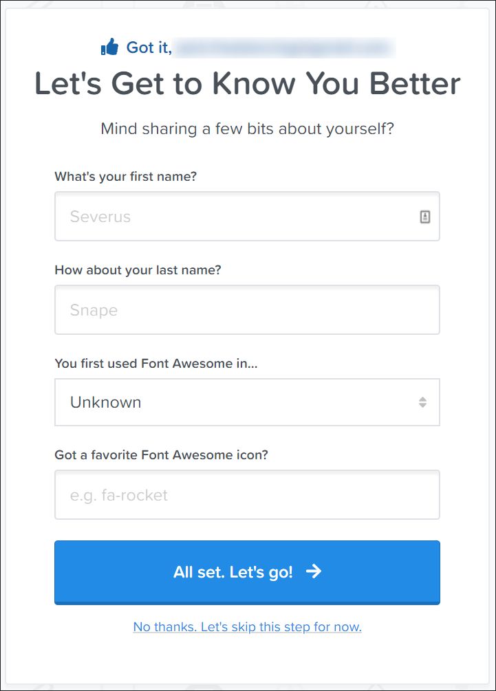 Font awesome sign-up process - additional questions