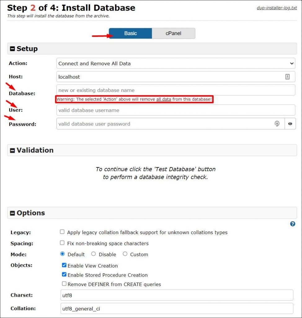 A screenshot of database installation during website clone uploading