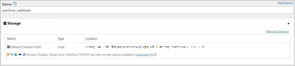 A screenshot of storage settings when creating a website clone package