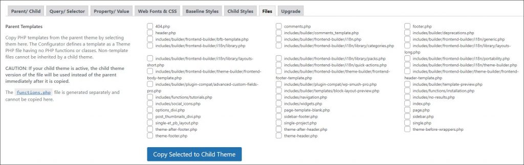 Screenshot of Child Theme Configurator settings