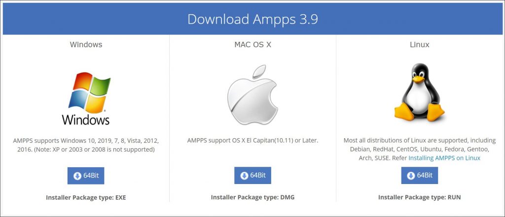 A screenshot showing different versions of Ampps 3.9 available