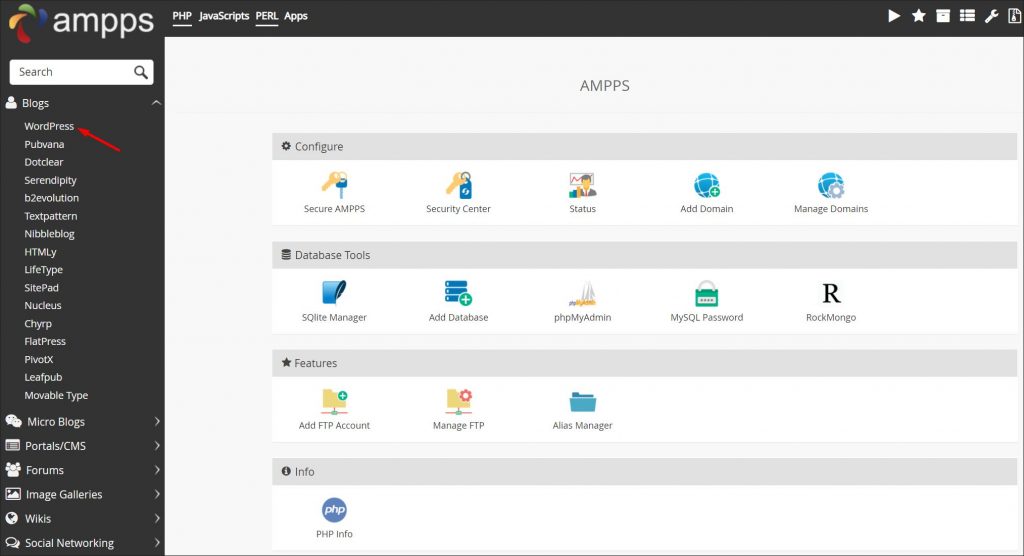 Ampps 3.9 control panel