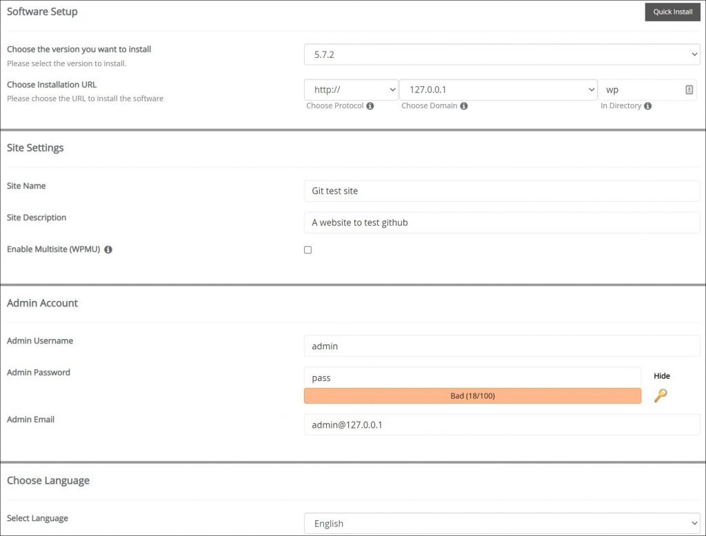 A screenshot showing WordPress installation configuration panel