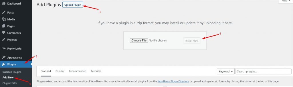 A screenshot showing steps necessary to upload a WordPress plugin manually