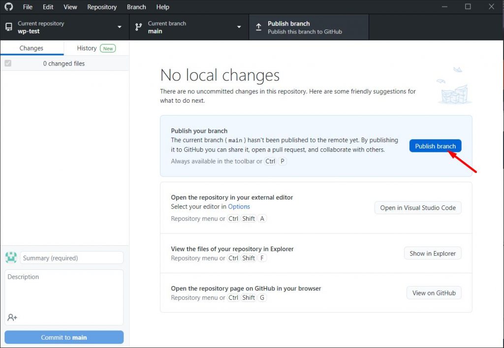 A screenshot showing how to publish a local branch to GitHub