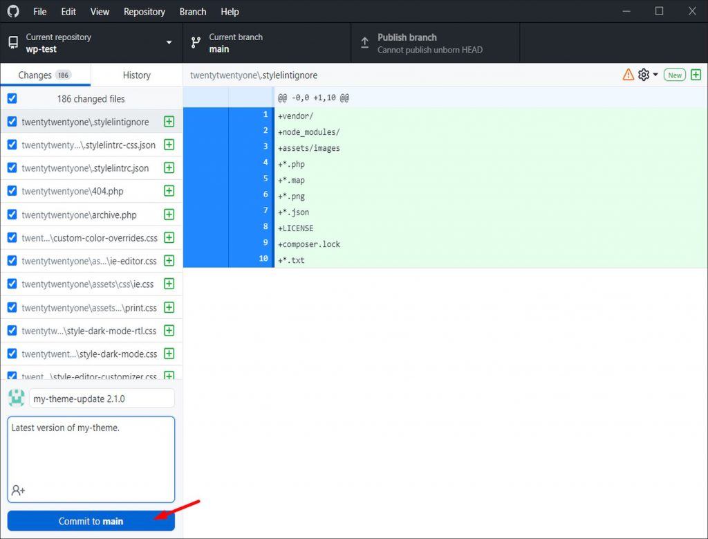 A screenshot showing changes in a test repository