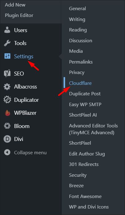 Where to find WordPress Cloudflare plugin in WP dashboard menu