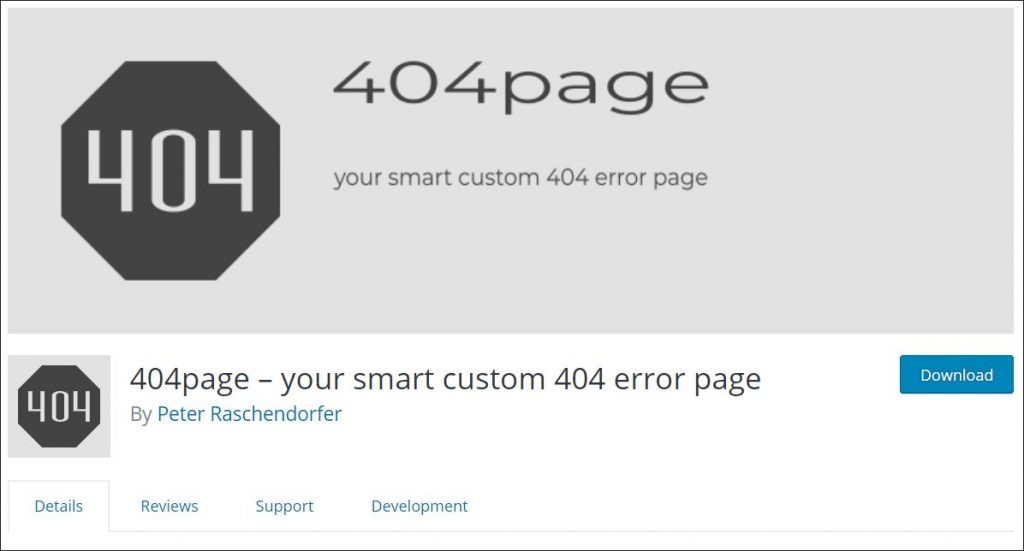 A screenshot of a 404page plugin WordPress.org landing page.