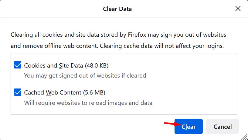 Clearing Firefox data to see if WordPress Internal Server Error persists