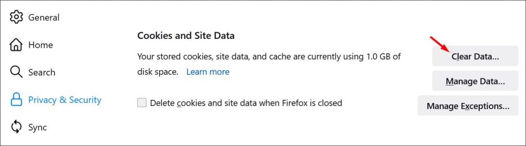 Firefox cookies and site data menu