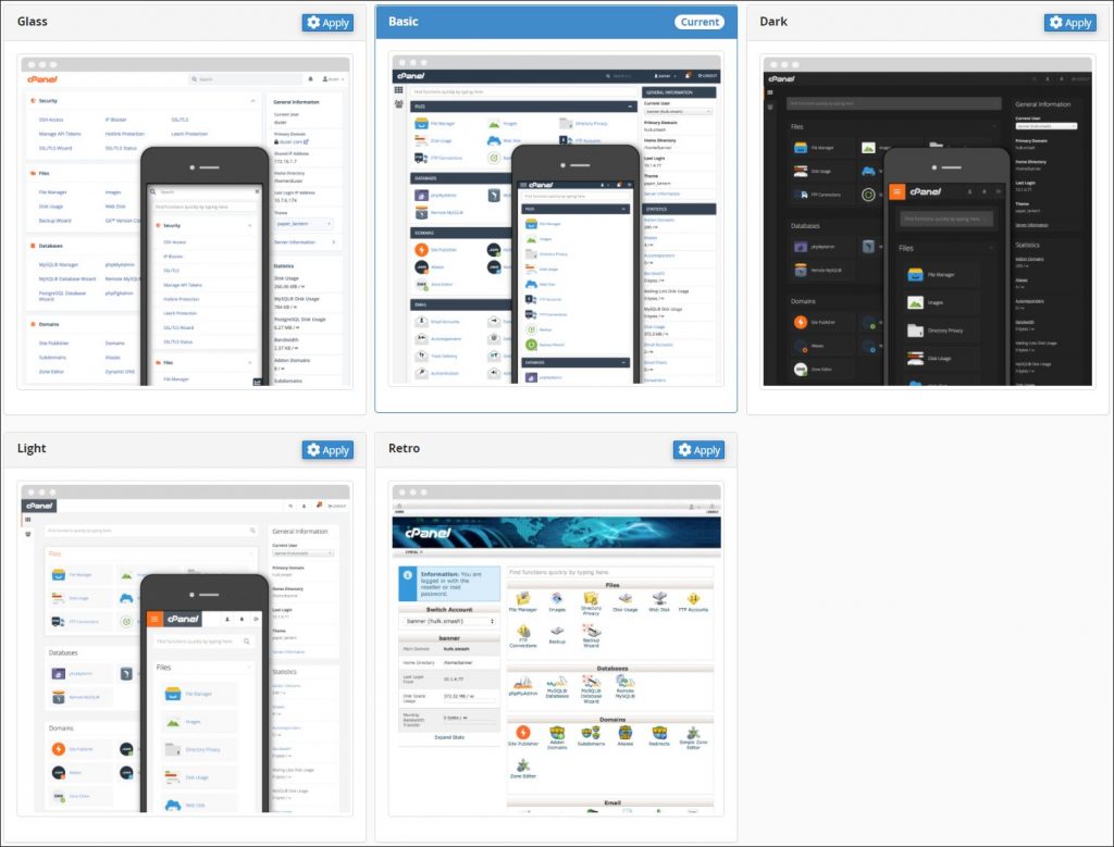 A screenshot of different cPanel styles available