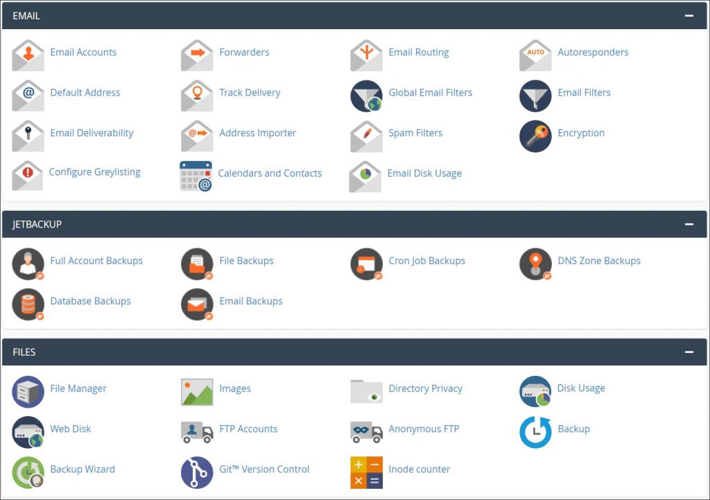 A screenshot of the main cPanel dashboard.