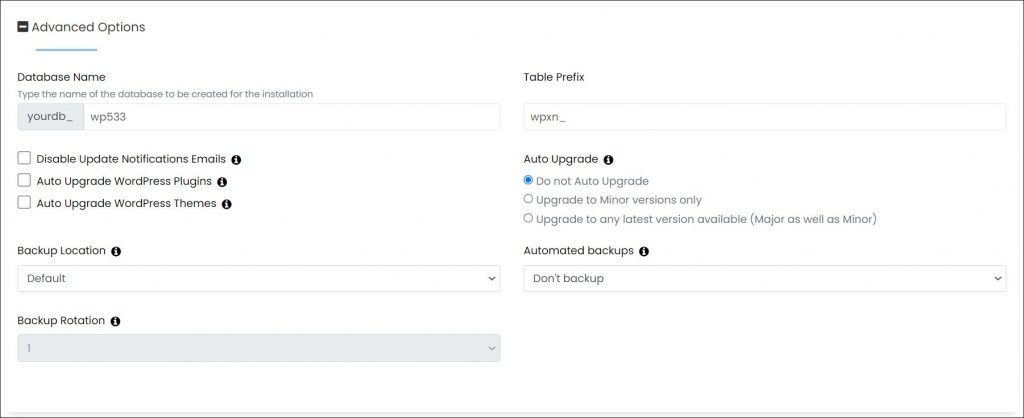 Database settings available when installing a WP site