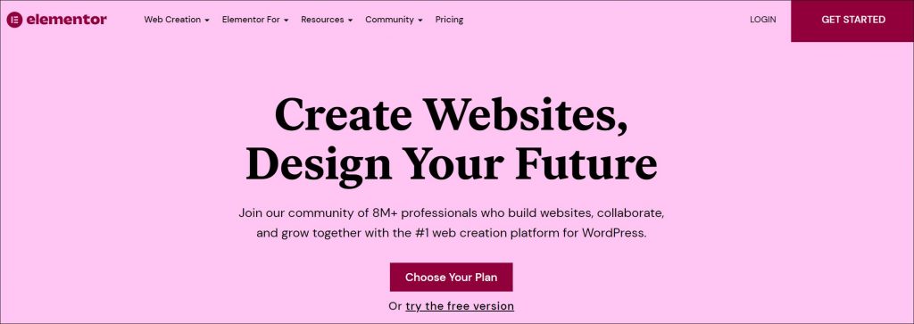 A screenshot of Elementor - WordPress page builder - homepage.