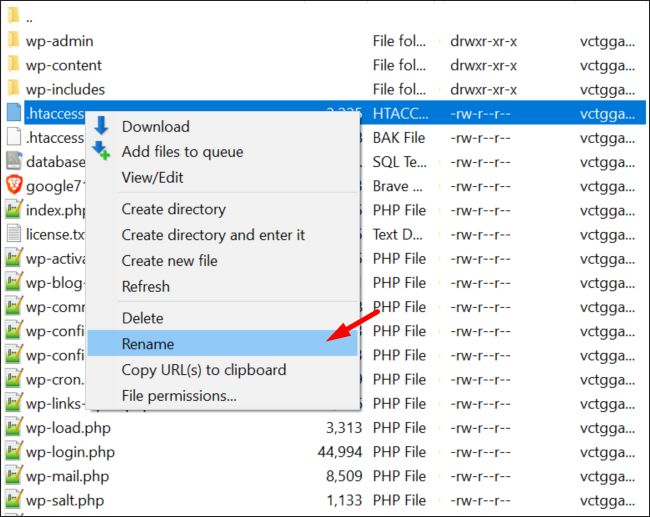 Renaming .htaccess file to fix WordPress Internal Server Error