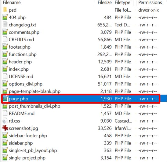 A screenshot showing page.php file in FileZilla ftp file manager.
