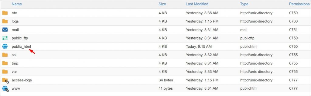 A list of files inside cPanel file manager