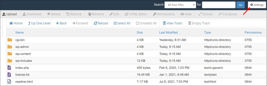 Where to find cPanel file manager settings