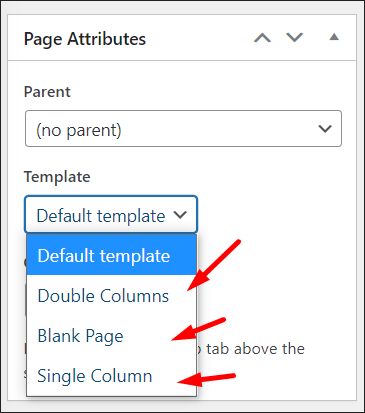 A screenshot showing different available WordPress page templates inside Page Attributes.
