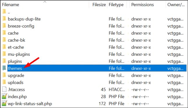 Finding themes folder using FileZilla FTP manager