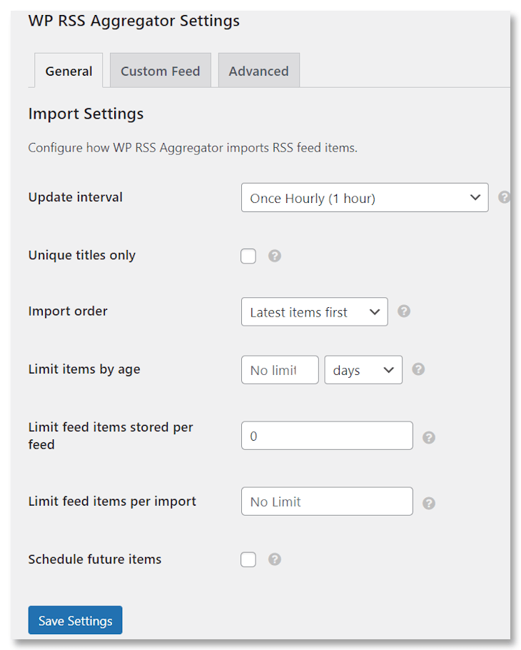 WP RSS Aggregator Settings