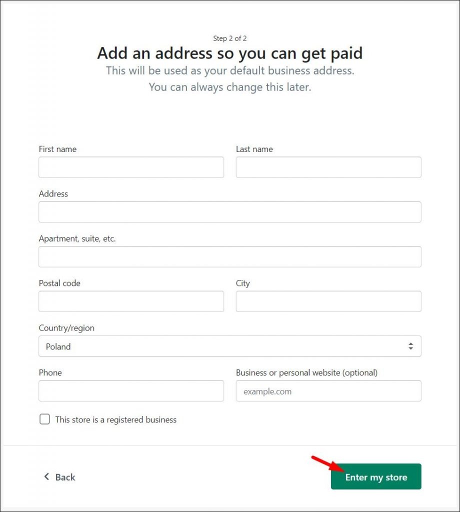 Adding your address when signing up for Shopify