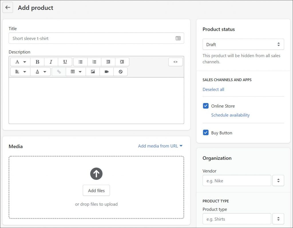 A screenshot of a Shopify products configuration menu