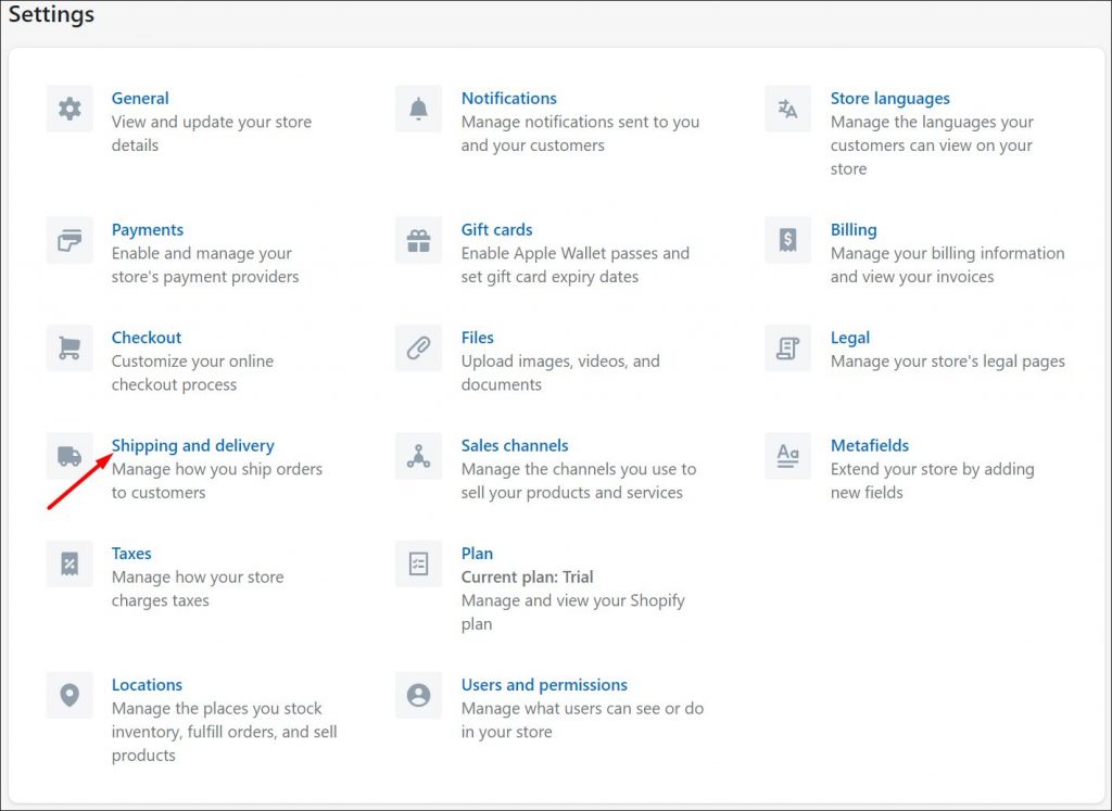 Shopify settings menu with an arrow pointing at shipping and delivery