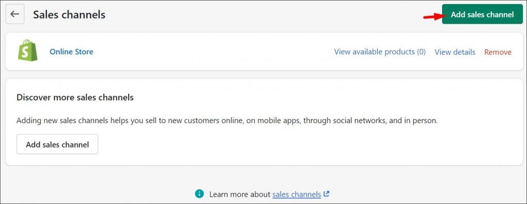 Creating a new sales channel inside Shopify