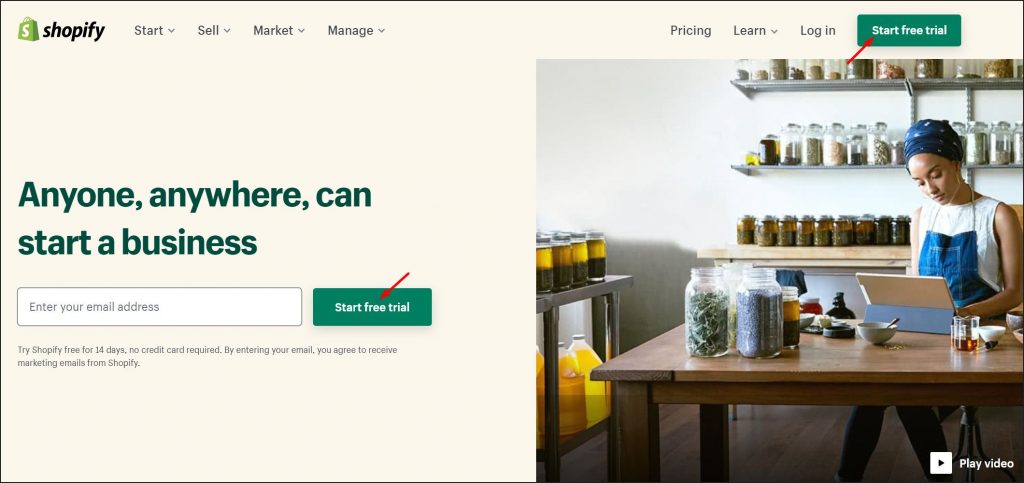 A screenshot of Shopify homepage 