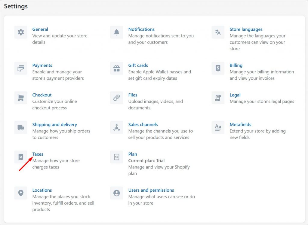 Shopify settings menu with an arrow pointing at taxes