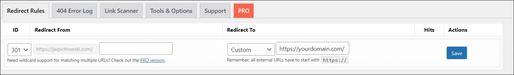 A screenshot of 301 Redirects plugin dashboard.