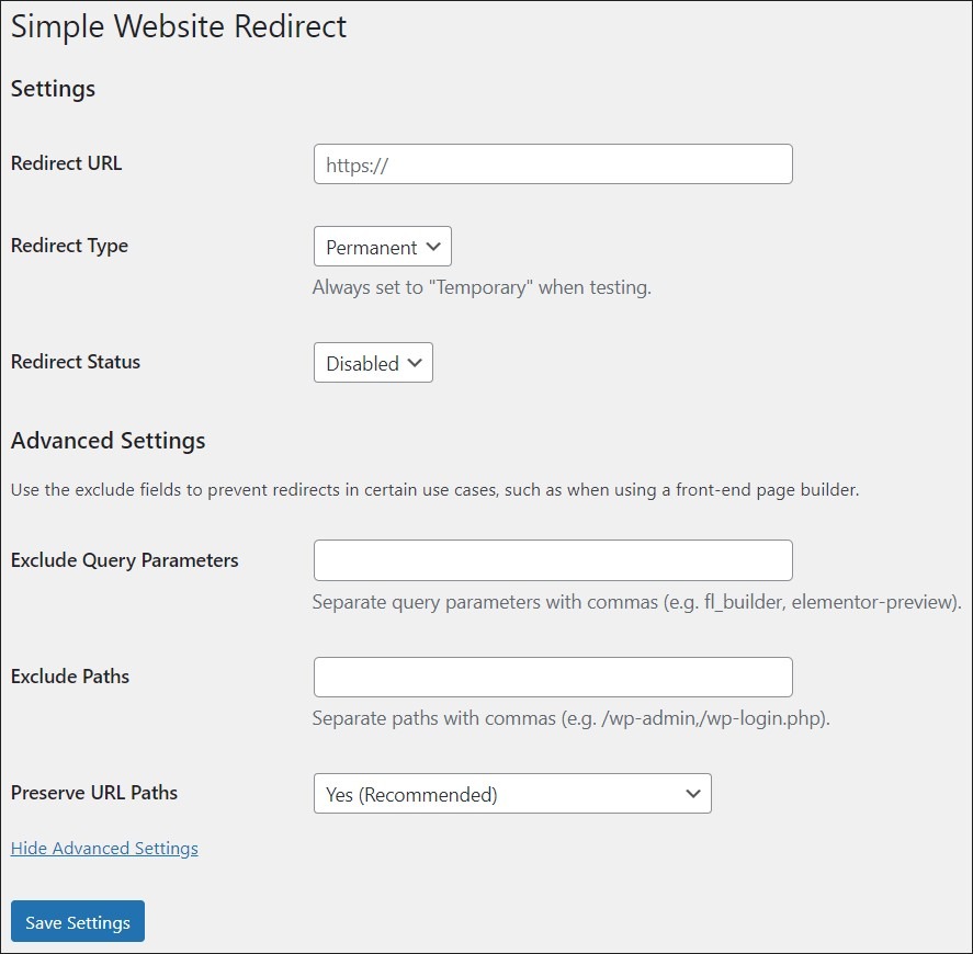 Simple Website Redirect plugin settings dashboard.