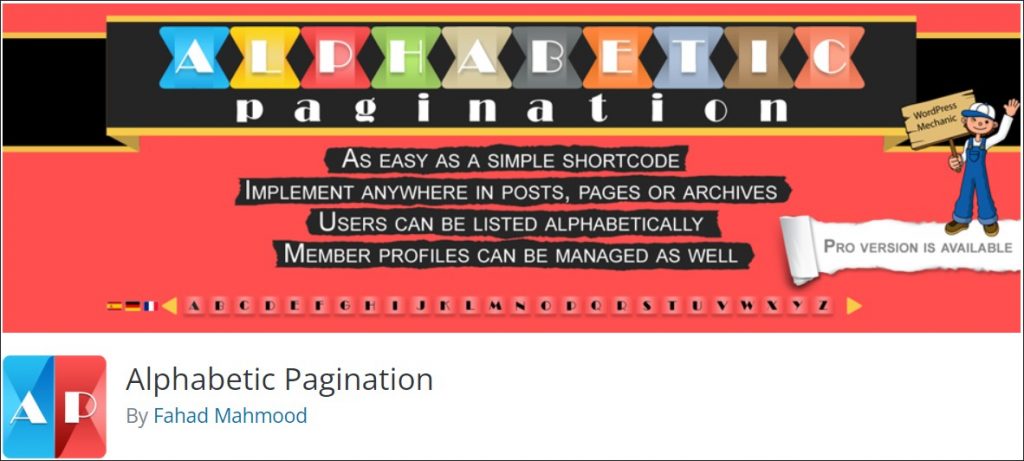 A screenshot of Alphabetic Pagination WordPress plugin header.