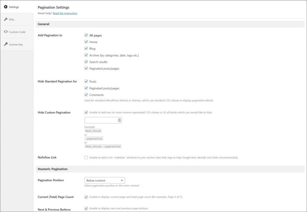 A screenshot of Pagination by BestWebSoft plugin settings.