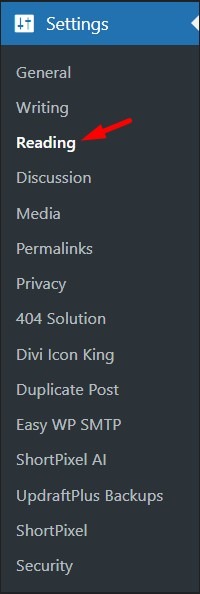 Where to find Reading settings in WordPress dashboard menu.