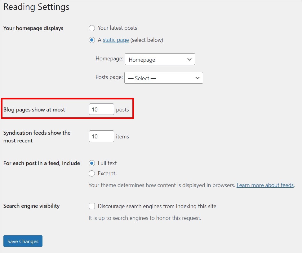 WordPress reading settings - built-in pagination.